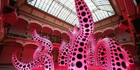 BERLIN, GERMANY - APRIL 29: The sculpture "A Bouquet of Love I Saw In the Universe" by Yayoi Kusama is seen at the "Yayoi Kusama: A Retrospective - A Bouquet of Love I Saw In the Universe" exhibition at Martin Gropius Bau on April 29, 2021 in Berlin, Germany. The exhibition, currently temporarily closed to the general public directly after its opening due to increased regulation during the ongoing coronavirus pandemic, spans seven decades of the creative output of the 92-year-old Japanese visual artist, and runs until August 15.   (Photo by Adam Berry/Getty Images)