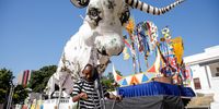 CAPE TOWN, SOUTH AFRICA - MARCH 19:  Cape Town Carnival National Gallery Hub on March 19, 2022 in Cape Town, South Africa. National Gallery Hub Cultural roots is a statuesque float, adorned in rich colours and uniquely South African design, such as the bulls horn motif, stands tall at the top of a wide flight of stairs. It acts as a stage and backdrop to the action of our performers, as it contrasts with the magnificent building behind. (Photo by Gallo Images/ER Lombard)