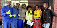 Peco Champions Lindokuhle Malaza and Lulama Maseko, Edward Ndlala from Peco Power, Nomzamo residents Thembelihle Lukhele and Thabile Msibi, and Reporter Siya Mokoena.<br>(Photo: Radio Workshop)