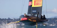 AUCKLAND, NEW ZEALAND - MARCH 12: Luna Rossa Prada Pirelli Team chases Emirates Team New Zealand in America's Cup Race #4 between Emirates Team New Zealand and Luna Rossa Prada Pirelli Team on Auckland Harbour on March 12, 2021 in Auckland, New Zealand. (Photo by Fiona Goodall/Getty Images)