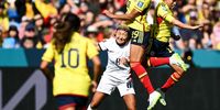 Sohyun Cho (C, bottom) of South Korea in action against Jorelyn Carabali (C, top) of Colombia during the FIFA Women's World Cup match between Colombia and South Korea at Sydney Football Stadium in Sydney, Australia, 25 July 2023.  EPA-EFE/DAN HIMBRECHTS  AUSTRALIA AND NEW ZEALAND OUT