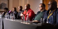 Dr Wonder Mahlatsi, Bantu Holomisa, Vuyolwethu Zungula, Floyd Shivambu, Ganief Hendricks and Mzwanele Nyhontso at the Progressive Caucus press conference at Taj Hotel on June 14, 2024 in Cape Town, South Africa. The parties that have formed the Progressive Caucus include Al Jama-Ah, African Transformation Movement (ATM), Economic Freedom Fighters (EFF), Pan Africanist Congress of Azania (PAC), United Africans Transformation (UAT) and the United Democratic Movement (UDM).  (Photo: Gallo Images/Misha Jordaan)