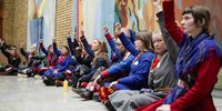 Fosen campaigners demonstrate inside the Norwegian Parliament in Oslo, Norway, 11 October 2023. Protesters demanded the implementation of a Supreme Court decision dated 11 October 2021, which determined that the establishment of two wind farms on reindeer herders' pastures infringed upon their rights.  EPA-EFE/CORNELIUS POPPE  