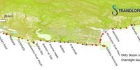 Map of the 2020 route from Storms River to Wilderness showing locations of the Dirty Dozen transect sites.