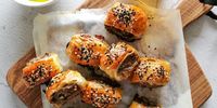 Dates, walnut and blue cheese sausage rolls with tzatziki on the side. (Photo: Pascale Butcher)