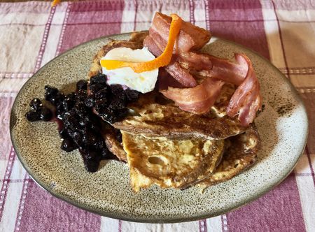 What’s cooking today: French toast with blueberry coulis and bacon