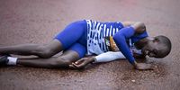 Kenya's Kelvin Kiptum reacts after finishing first in men's elite race of the London Marathon  in London, Britain, 23 April 2023. Over 47,000 runners take part as the annual event moves back to April since it was moved to October due to Covid-19 pandemic.  EPA-EFE/TOLGA AKMEN