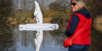 DORCHESTER, DORSET - MARCH 30: Visitors look at 'Boris' by Adam Binder at Sculpture By The Lakes on March 30, 2021, in Pallington, United Kingdom. FORM - The Sculpture Exhibition at Sculpture by the Lakes, near Dorchester, features 200 pieces of both indoors and outdoors from the country's top sculptors. The exhibition is set in 26-acres of lakes, rivers, gardens and woodlands, displaying works by Philip Jackson, Adam Binder and Nicola Godden throughout April and May. (Photo by Finnbarr Webster/Getty Images)
