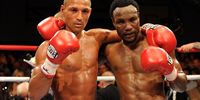 Kell Brook of Great Britain poses with Lovemore N'dou of Australia following their WBA International Welterweight title fight on June 25, 2011 at the Hillsborough Leisure Centre in Sheffield, England.  (Photo by Chris Brunskill/Getty Images)
