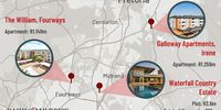 A map view of the apartments purchased through  Tebogo Malaka's trusts. The William, Fourways (Photo: Balwin Properties/ Facebook) | Stand at Waterfall Country Estate (Photo: waterfallcity.co.za) | Galloway Apartments, Irene (Photo: m-t.co.za/) | Map styled via snazzymaps.com)