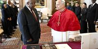 A handout picture provided by Vatican Media shows Pope Leo XIV and South African President Cyril Ramaphosa during a meeting in Vatican City, 08 November 2025.  (Photo: EPA / VATICAN MEDIA HANDOUT HANDOUT EDITORIAL USE ONLY/NO SALES)