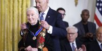 Ethologist and conservationist Jane Goodall is awarded the Presidential Medal of Freedom by US President Joe Biden in the East Room of the White House on 4 January 2025 in Washington, DC. (Photo by Tom Brenner/Getty Images)