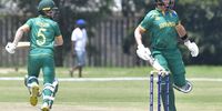David Teeger and Dewan Marais of South Africa during the ICC U19 Men's World Cup 2024, warm up match against Afghanistan at Braam Fischer Oval, Johannesburg on 16 January, 2024. (Photo: Sydney Seshibedi / Gallo Images)