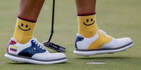 The socks of Mariajo Uribe of Colombia on the 18th green during the first round of the Paris 2024 Olympic Games Women's Individual Stroke Play golf competition at Le Golf National in Guyancourt, France, 07 August 2024.  EPA-EFE/ERIK S. LESSER