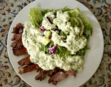 Leftover Greek lamb salad with tzatziki — and braaied cumin lamb
