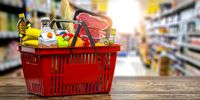 Shopping basket with fresh food. Grocery supermarket, food and eats online buying and delivery concept.