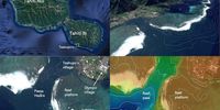 Clockwise from top left: location of the Teahupo'o surf break, form of the reef and mountains behind, bathymetry of the surf break, and notable reef features (elevation data from SHOM, satellite imagery from Airbus).  Photo: The Conversation / Tom Shand