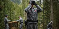 Val Visdende, Italy.<br>Carabinieri forestali during an inspection in one of the valleys destroyed by the storm. Europe is close to losing its last virgin forests. Two thirds of these remaining areas are in Romania, and are critically threatened by illegal logging. According to the Environmental Investigation Agency, 49% of all timber cut in Romania is illegally harvested, but other countries such as Serbia, Ukraine, Poland and the Baltic states are also involved. The main consequence of huge deforestation is climate change, but the negative effects on the environment are numerous, and include flooding, loss of biodiversity and desertification. © Antonio Faccilongo, Italy, Shortlist, Professional, Environment, 2021 Sony World Photography Awards
