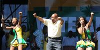 CAPE TOWN, SOUTH AFRICA  13 March 2011: President Jacob Zuma dances with Chommie during the launch of the ANCs election manifesto at the Dal Josefat stadium in Paarl, South Africa on 13 March 2011. (Photo by Gallo Images/Foto24/Lulama Zenzile)