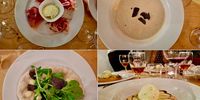 Menu items from top left: truffle butter and prosciutto, mushroom soup with truffles, Fior di latte focaccia with truffles, apple tart with truffle ice cream. (Photos: Wanda Hennig)