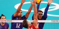 TOKYO, JAPAN - JULY 24: Torey Defalco #8 of Team United States competes against Barthelemy Chinenyeze #1 and Stephen Boyer #12 of Team France during the Men's Preliminary Round - Pool B on day one of the Tokyo 2020 Olympic Games at Ariake Arena on July 24, 2021 in Tokyo, Japan. (Photo by Toru Hanai/Getty Images)