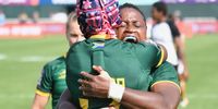 Zintle Mpupha of South Africa celebrate  during day 1 of HSBC Dubai Sevens match between South Africa and Fiji at Sevens Stadium on December 01, 2023 in Dubai, United Arab Emirates. (Photo by David Van Der Sandt/Gallo Images)