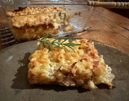 Turn leftover roast chicken into a chicken-and-bacon pasta bake