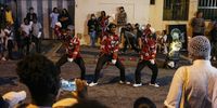 The pantsula dance group Bhizzo Boyz kick off proceedings at the Brixton Light Festival, on 6 February 2022. (Photo: James Puttick)