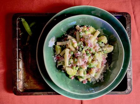 What’s cooking today: Sedanini pasta with garden peas, Brussels sprouts and bacon