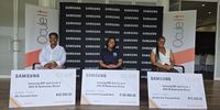 The Samsung EEIP and Ocule IT 2025 ED Bootcamp Winners with their seed funding prizes: R100,000 (Established), R75,000 (Start-Up), and R50,000 (Ideation).
