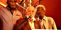 John Kani, Athol Fugard and Winston Ntshona at the unveiling of a stained glass window in their honour on November 20, 2015 at the Port Elizabeth Opera House in Port Elizabeth, South Africa. (Photo by Gallo Images / The Herald / Mike Holmes)