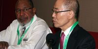 Prof Hoesung Lee, chairman of the Intergovernmental Panel on Climate Change, and his deputy Dr Youba Sokona, speak at the Durban climate change meeting. Photo: Tony Carnie