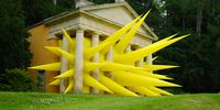 RIPON, ENGLAND - JULY 09: Spiked, an inflatable art installation, by Steve Messam, bursts through the columns of the Temple of Piety, at Studley Royal on July 09, 2021 in Ripon, England. Messam's art installation 'These Passing Things' comprises of three works in the grounds of the National Trust's Fountains Abbey and Studley Royal, near Ripon. Spiked will be on display for the opening weekend on July 10 and will return on August 21. (Photo by Christopher Furlong/Getty Images)