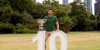 MELBOURNE, AUSTRALIA - JANUARY 30: Novak Djokovic of Serbia poses with the Norman Brookes Challenge Cup after winning the 2023 Australian Open, on January 30, 2023 in Melbourne, Australia. (Photo by Kelly Defina/Getty Images)