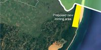 The proposed new mining exploration block (yellow) on the southern boundary of the iSimangaliso World Heritage Site, directly north of the current dune mining operations by Rio Tinto subsidiary Richards Bay Minerals (RBM).