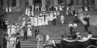 Suffragettes representing nearly every state in the United States of America ascending the steps of the Senate in Washington, to present petitions demanding equal rights for women.   (Photo by Hulton Archive/Getty Images)