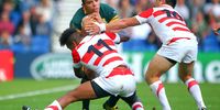 Bryan Habana of South Africa is tackled by Kotaro Matsushima of Japan and Kosei Ono of Japan during the 2015 Rugby World Cup Pool B match between South Africa and Japan at the Brighton Community Stadium on September 19, 2015 in Brighton, United Kingdom.  (Photo: Charlie Crowhurst / Getty Images)