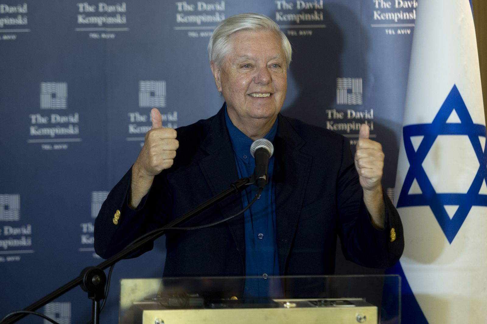 TEL AVIV, ISRAEL - AUGUST 28: U.S. Senator Lindsey Graham speaks during a press conference on August 28, 2025 in Tel Aviv, Israel. U.S. Senator Lindsey Graham i
