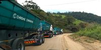 Heavy trucks line up next to the mine for ‘bulk sampling’ operations during 2023. (Photo: Supplied)