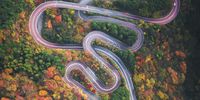 This is an aerial photograph of a mountain road in Hakone, Japan. The path, when seen from the sky, looked like a snake. Photographed in autumn, the leaves of the coloured trees were extremely beautiful.© Hiroki Nose, Japan, 2nd Place, National Awards, 2021 Sony World Photography Awards