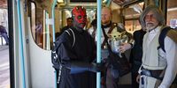 A Star Wars fan dressed as a Darth Maul travels to ExCeL convention centre to attend Star Wars Celebration event in London, Britain, 07 April 2023. Star Wars Celebration is an international annual event that sees major announcements, cast guests, panels and merchandise trading that runs between 7 and 10 April.  EPA-EFE/TOLGA AKMEN