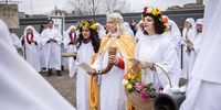 Members of the Druid Order take part in a celebration of the Spring Equinox during a ceremony at Tower Hill  on March 20, 2023 in London, England. Members of the Druid Order marked first day of spring, or vernal equinox, the point at which night and day are of equal length. (Photo by Dan Kitwood/Getty Images)