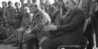 Then Israeli prime minister Golda Meir (right) and defence minister Moshe Dayan meet their troops on 21 October 1973 on the Golan Heights during the Yom Kippur War.  (Photo: Ron Frenkel / GPO / Getty Images)