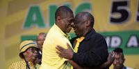 President Cyril Ramaphosa and newly-appointed deputy president Paul Mashatile embrace following the announcement of the top seven during the ANC's 55th national conference at Nasrec in Johannesburg, South Africa on 19 December 2022. (Photo: Leila Dougan)