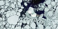 Mount Michael surrounded by floating sea ice, imaged by satellite through Shortwave Infrared (SWIR) wavelengths. (Photo: Gallo Images / USGS/ NASA Landsat / Orbital Horizon)