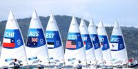 FUJISAWA, JAPAN - JULY 24: The Men's Laser fleet practice their start during sailing previews on day one of the Tokyo 2020 Olympic Games at Enoshima Yacht Harbour on July 24, 2021 in Fujisawa, Kanagawa, Japan. (Photo by Phil Walter/Getty Images)