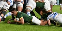 Damian de Allende of South Africa scores a try during The Rugby Championship match between South Africa and Argentina at Emirates Airline Park on July 29, 2023 in Johannesburg, South Africa. (Photo by Sydney Seshibedi/Gallo Images)