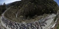 A picture taken with an ultra wide angle lens showing the pack of riders in action during the second stage of the Itzulia Basque Country 2023 Vuelta Cycling Tour, of 193.8 kilometers from Viana to Leitza, in Navarra, northern Spain, 04 April 2023.  EPA-EFE/Jesus Diges