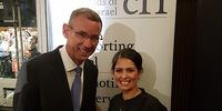 British Home Secretary Priti Patel, right, with Mark Regev, lef, then Israel’s ambassador to the UK, at a Conservative Friends of Israel reception, 2 October 2019. (Photo: Twitter / Priti Patel)