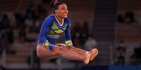 TOKYO, JAPAN - JULY 29: Rebeca Andrade of Team Brazil competes in the floor exercise during the Women's All-Around Final on day six of the Tokyo 2020 Olympic Games at Ariake Gymnastics Centre on July 29, 2021 in Tokyo, Japan. (Photo by Jamie Squire/Getty Images)